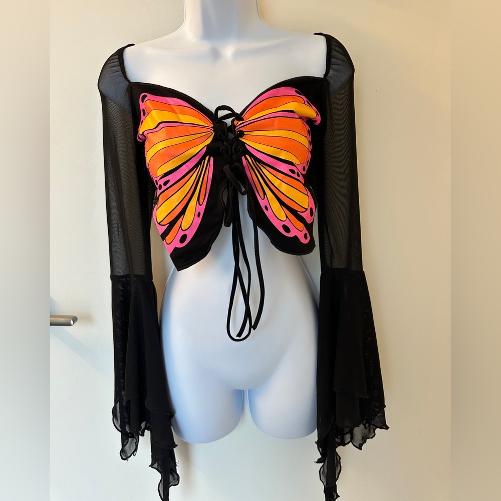 Current Mood Vibrant Butterfly Blouse with Black Sheer Sleeves
